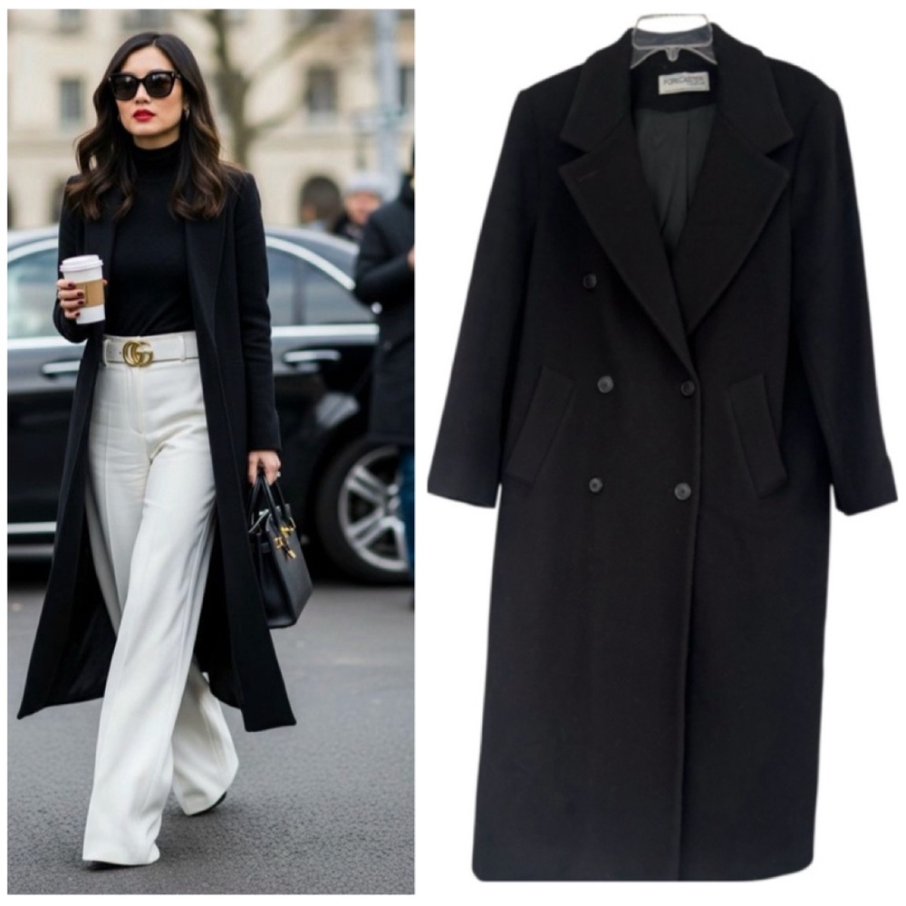 Vintage Wool Pea Coat Trench Luxury Dress Long Overcoat Minimalist Black Size 10